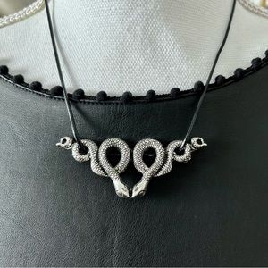 Double Snake Silver Pendant Black Cord Necklace